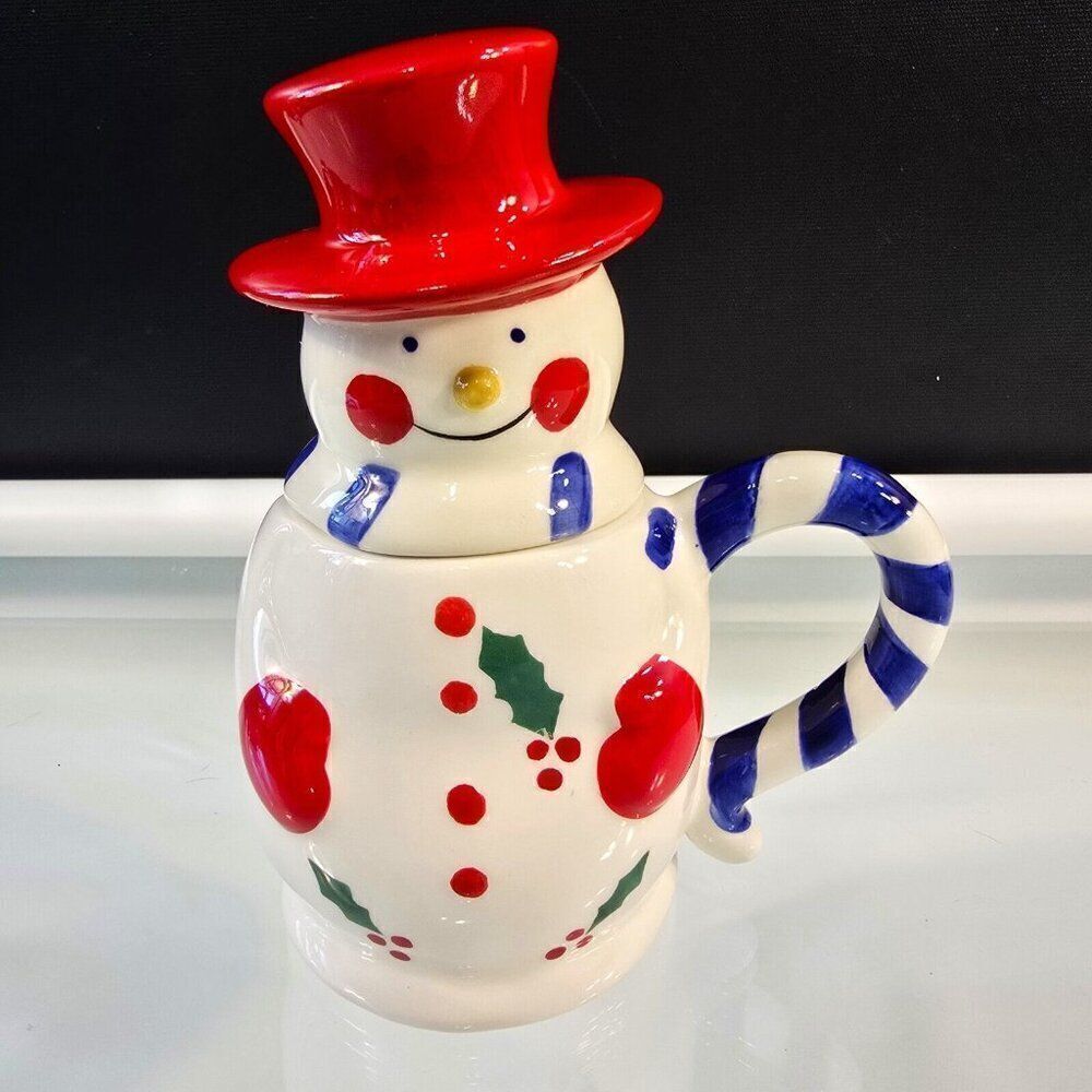 Snowman Mug With Red Hat Lid Temptations Presentable Ovenware By Tara Ceramic